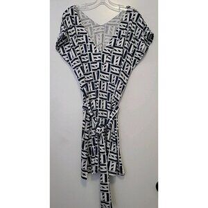 Mahi Gold Supima Cotton Mini Dress Short Sleeve Beachy Belted Blue White Med